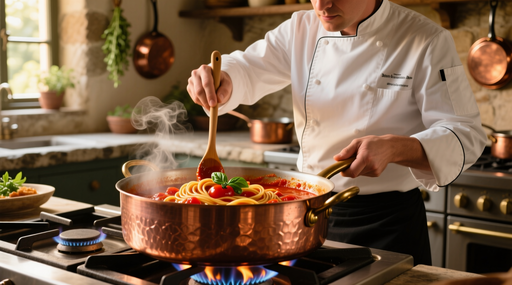 Chef stirring pasta sauce in copper pot