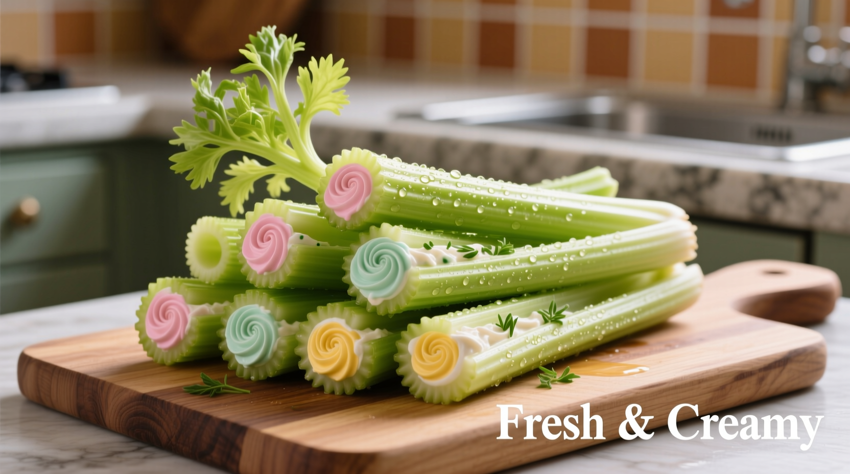 Fresh celery stalks filled with colorful cream cheese mixture