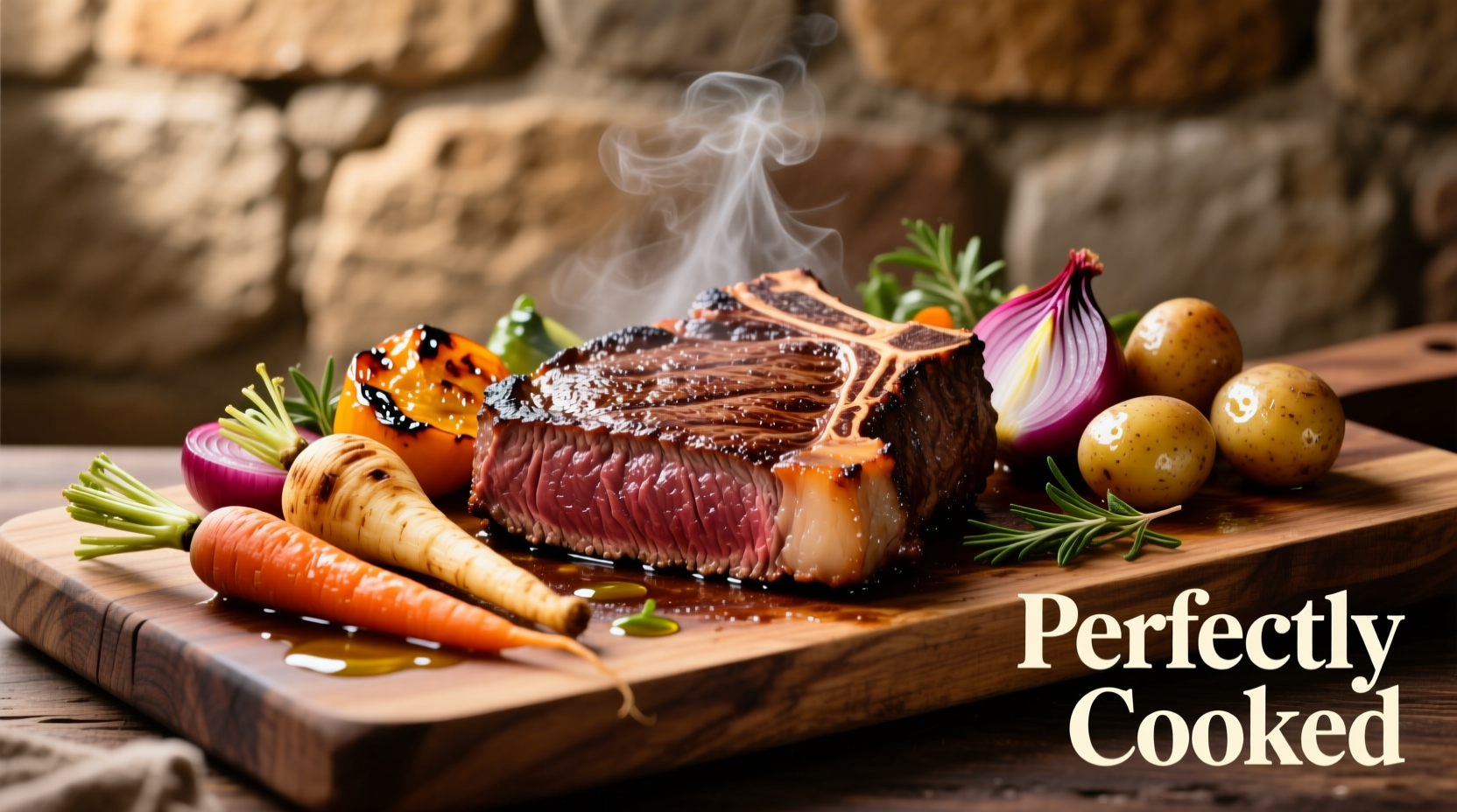 Perfectly cooked chuck steak with roasted vegetables