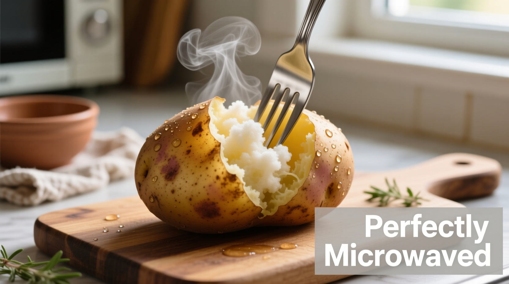 Perfectly microwaved potato with fork showing fluffy interior