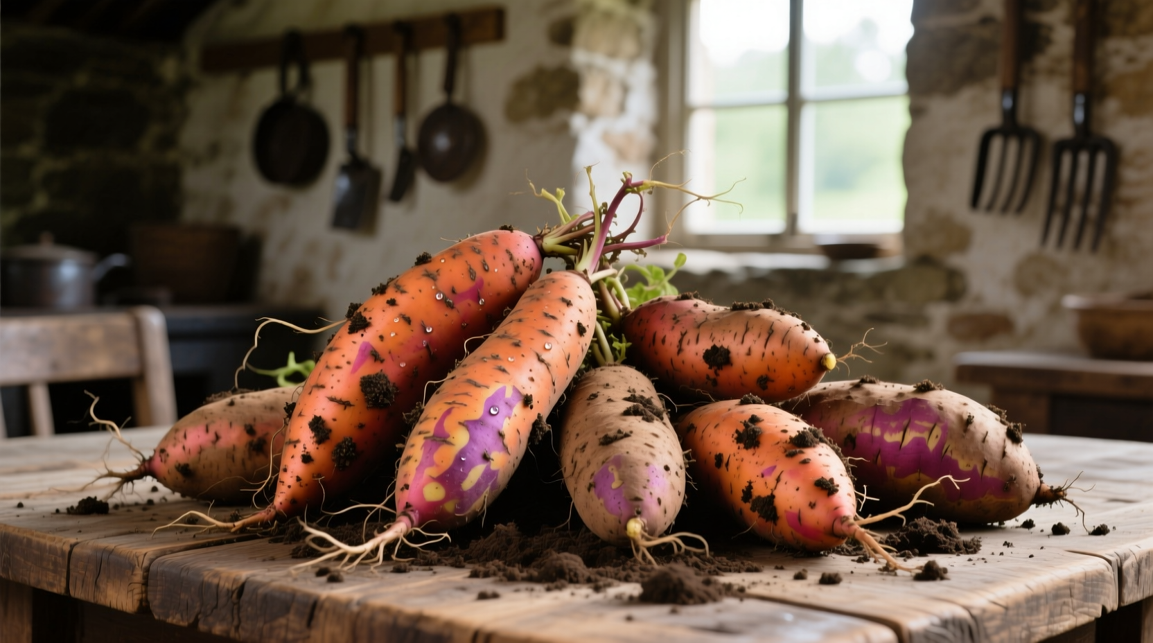 Freshly harvested sweet potato roots with soil