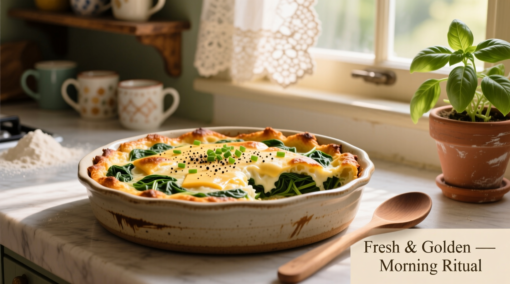 Golden spinach breakfast casserole in ceramic dish