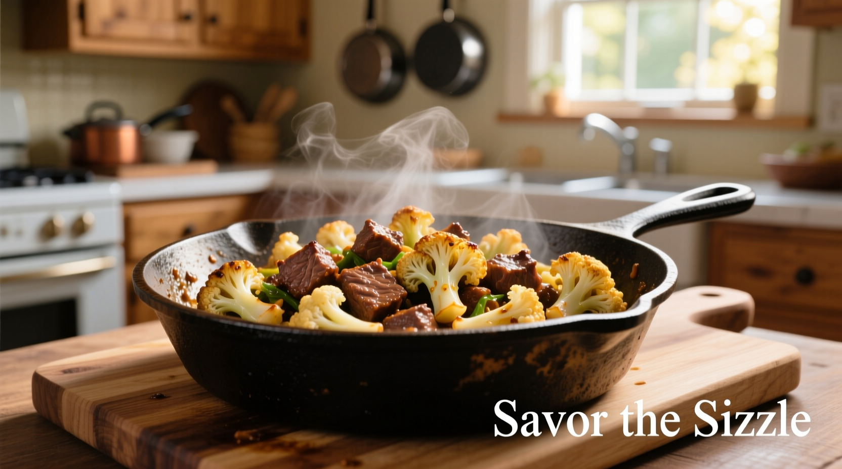 Cauliflower and ground beef stir-fry in cast iron skillet