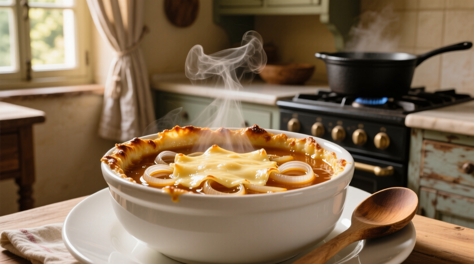 Traditional French onion soup in white ceramic bowl