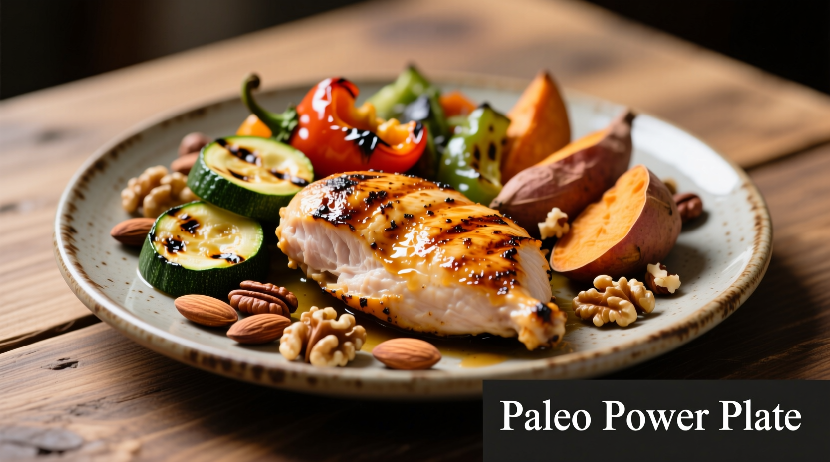 Paleo food plate with grilled chicken, vegetables, and nuts