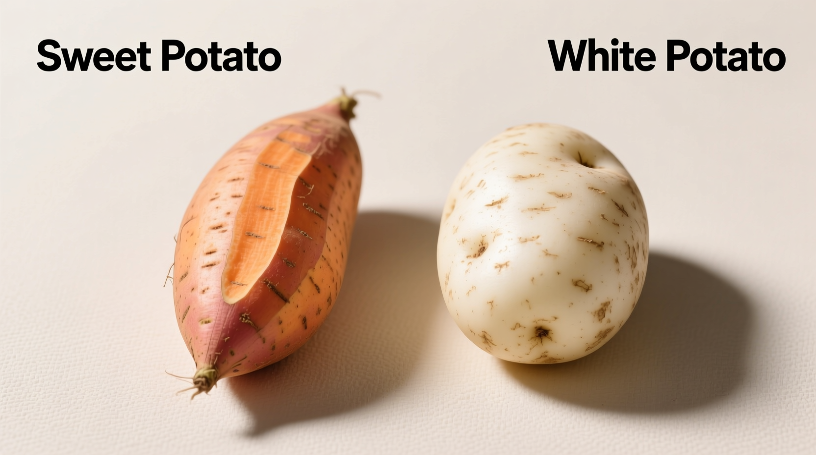 Side-by-side comparison of sweet potato and white potato