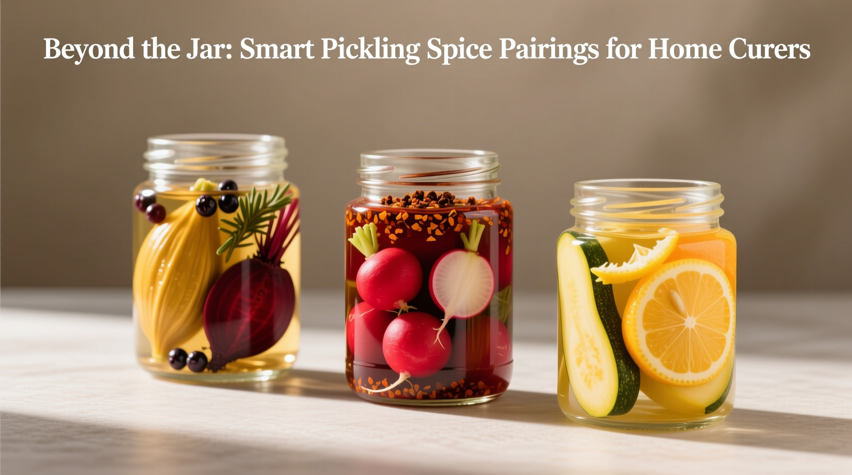 Three glass jars showing different pickled vegetables: golden beets with juniper, red radishes with chipotle, and yellow squash with citrus spices