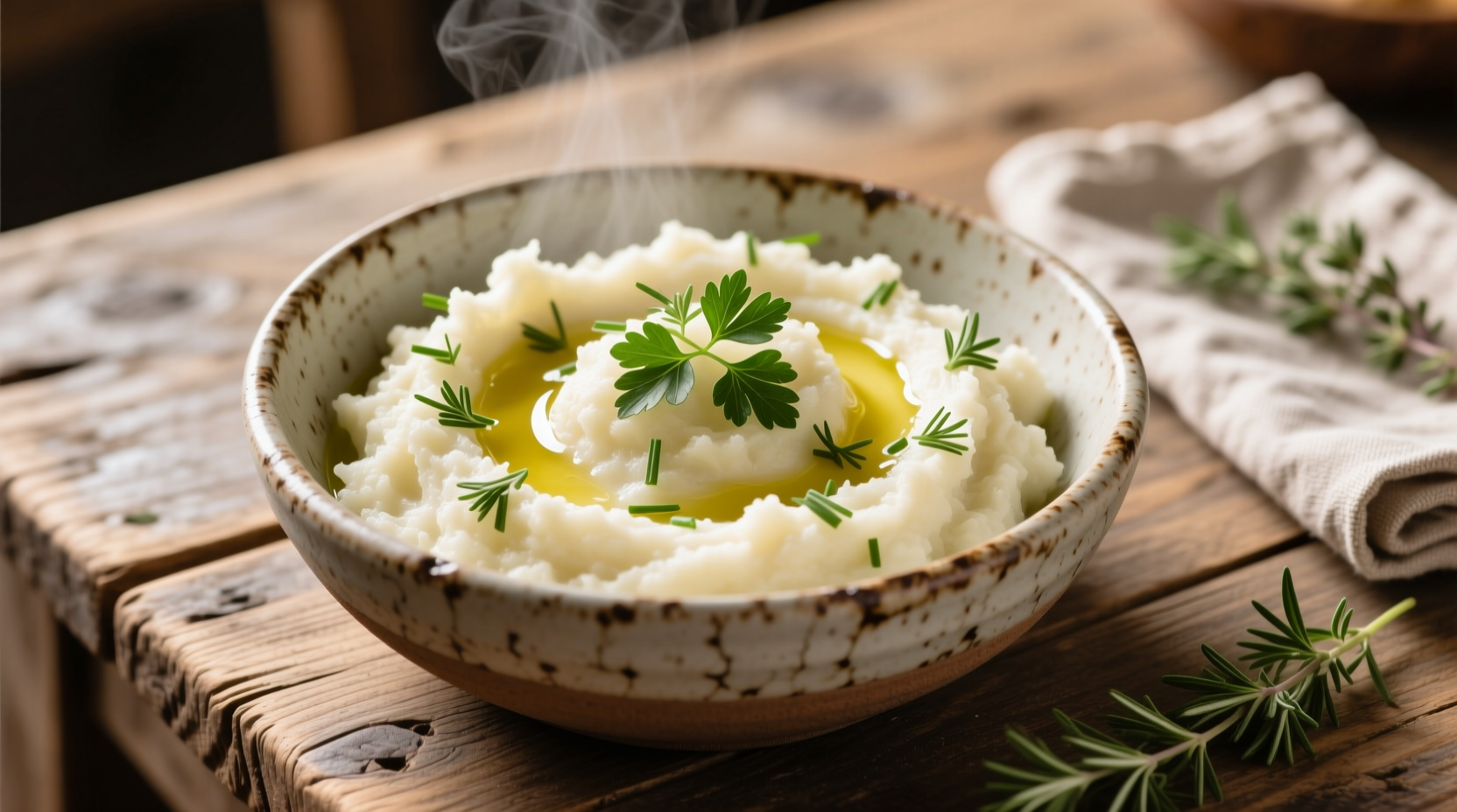 Cauliflower mash in rustic bowl with herbs