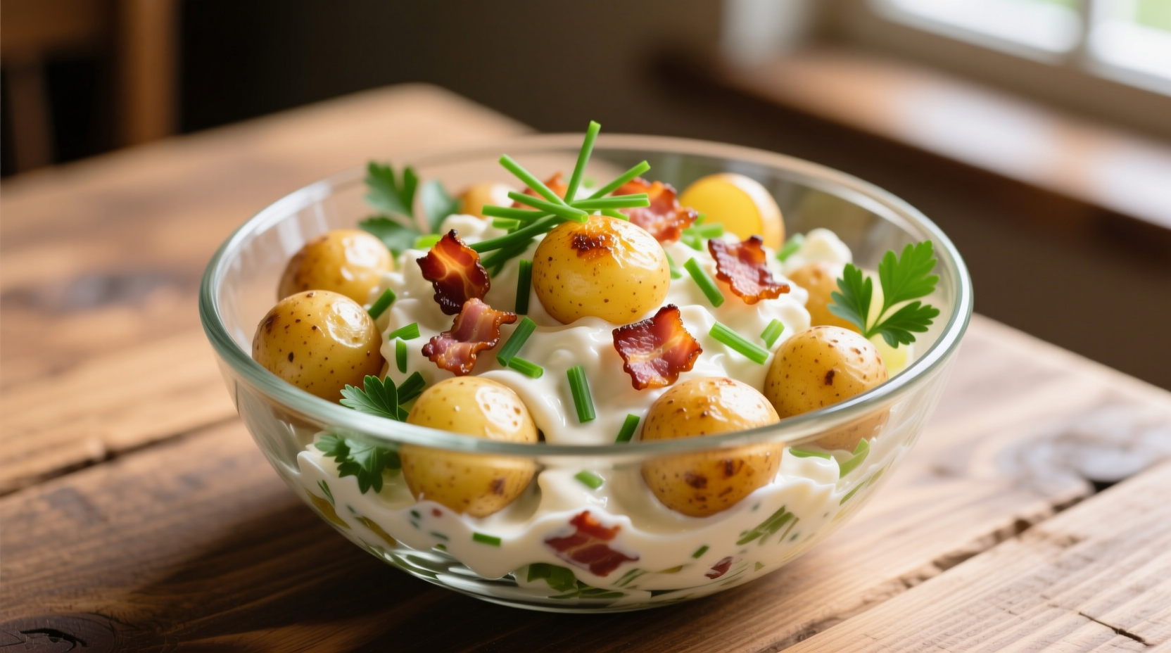 Creamy potato bacon salad in glass bowl