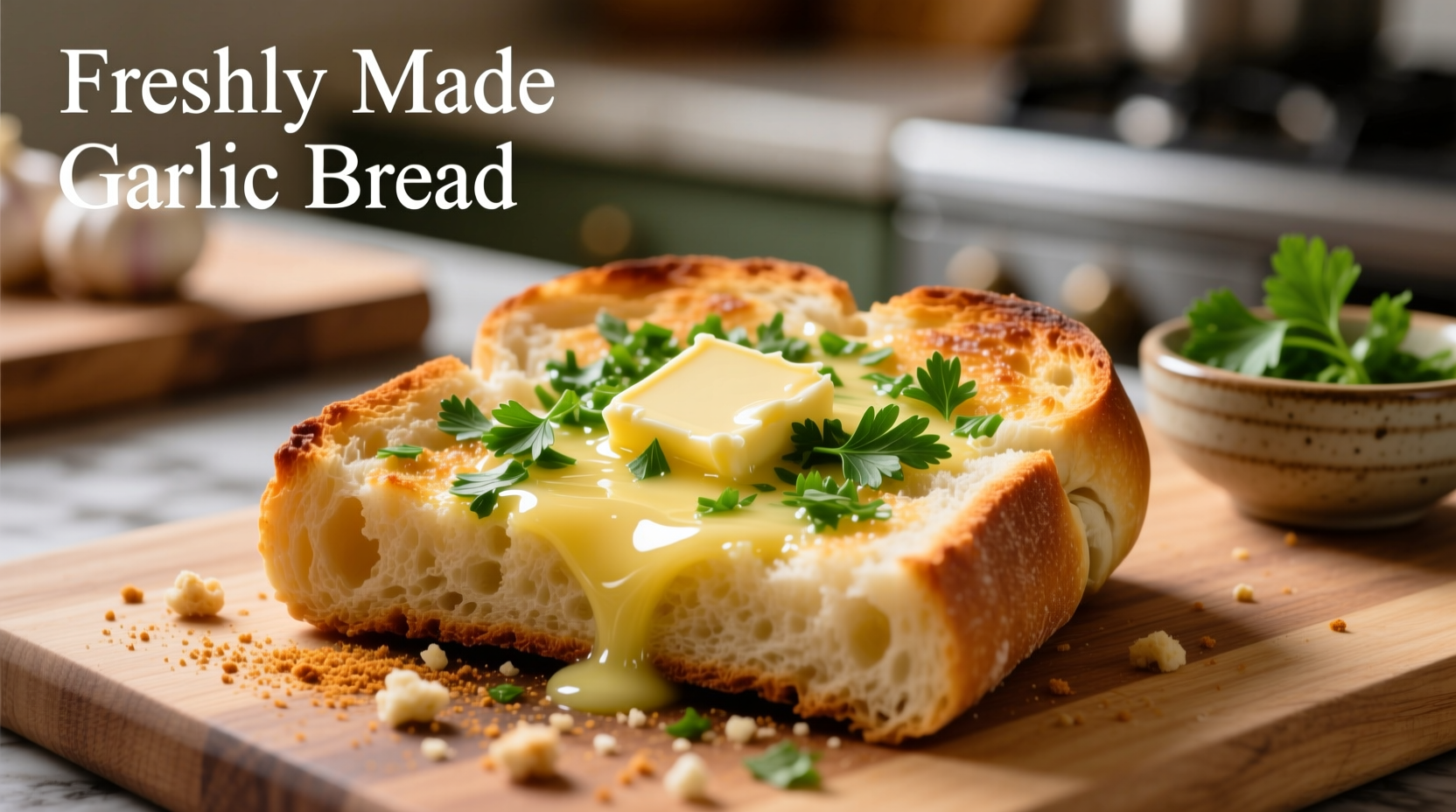 Freshly made garlic bread toast with melted butter and parsley topping