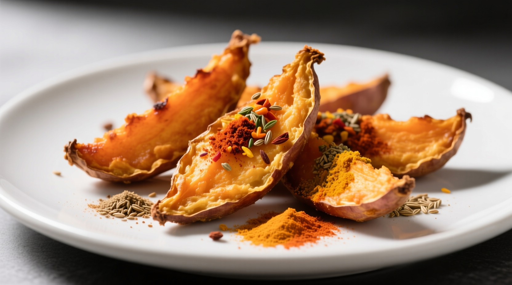 Close-up of air-fried sweet potato wedges dusted with various spice blends showing vibrant colors