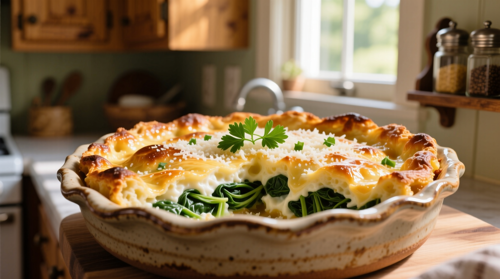 Golden baked spinach cottage cheese casserole in ceramic dish