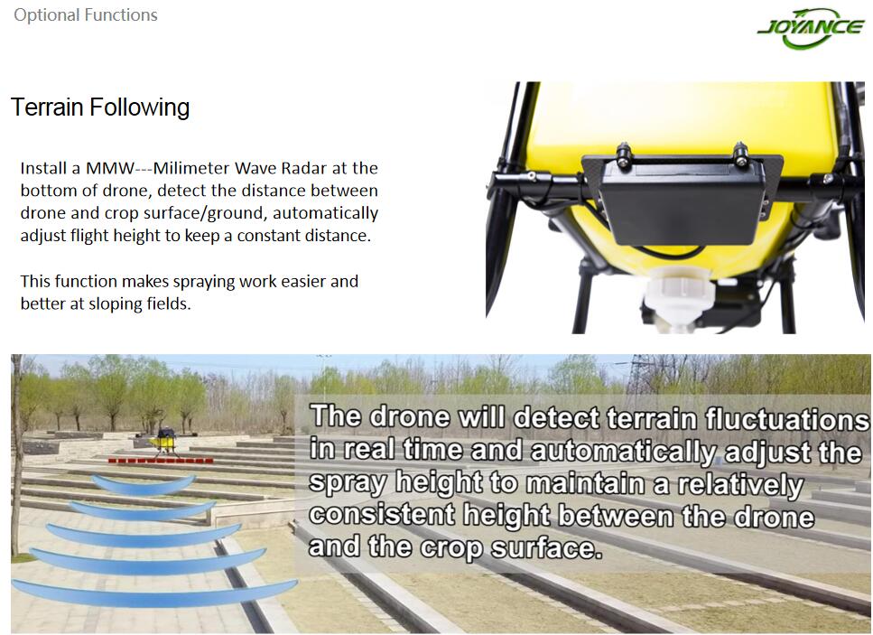 JOYANCE JT15L-606 15L Agricultural Drone, the drone will detect terrain fluctuations in real time and automatically adjust the spray height to keep a