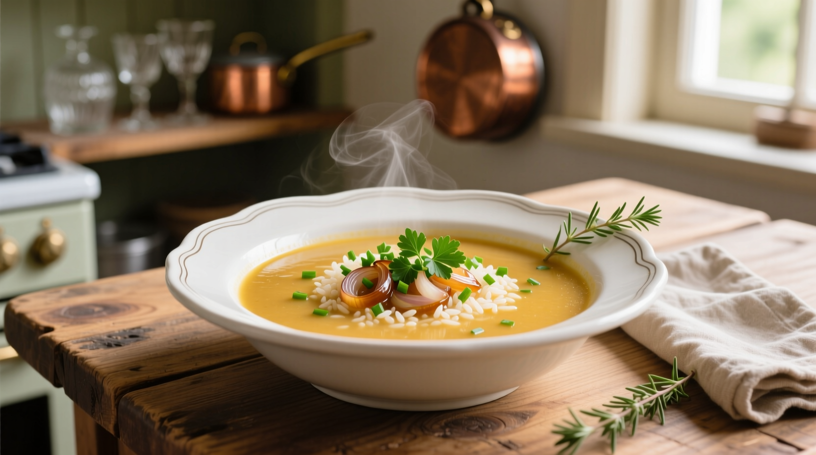 Golden rice and onion soup in white bowl with fresh herbs