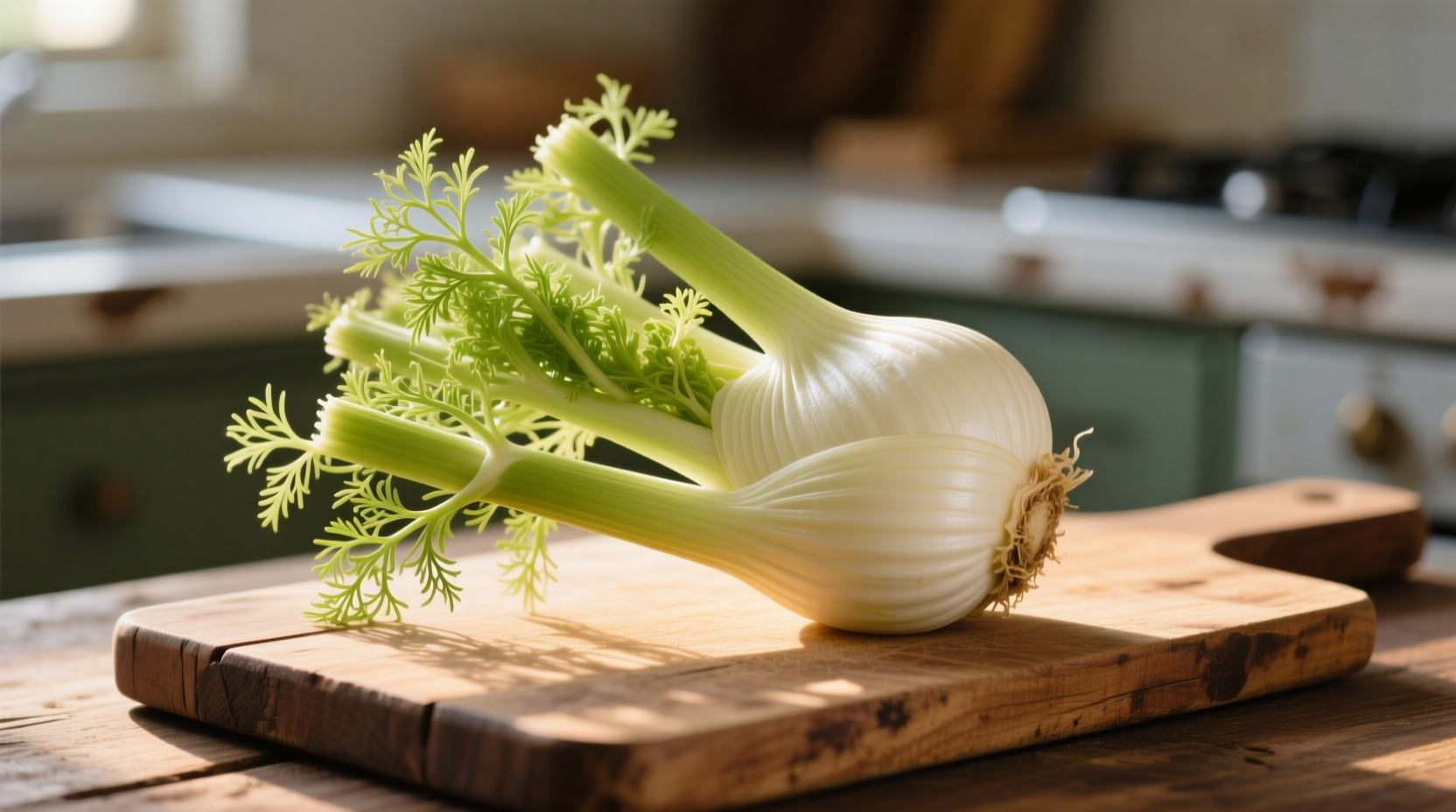 Fresh fennel bulb with fronds on wooden cutting board