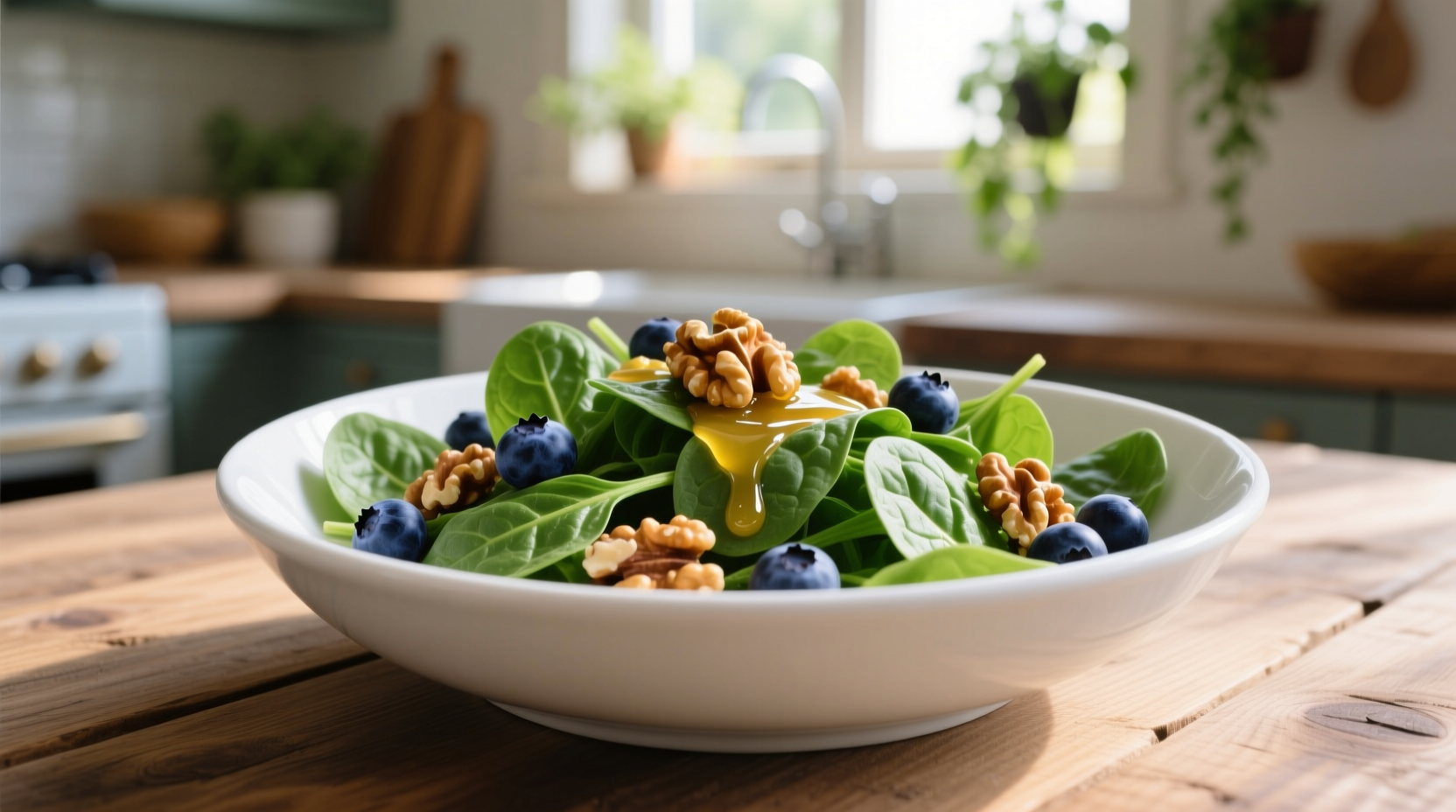 Fresh spinach and blueberry salad with walnuts in white bowl