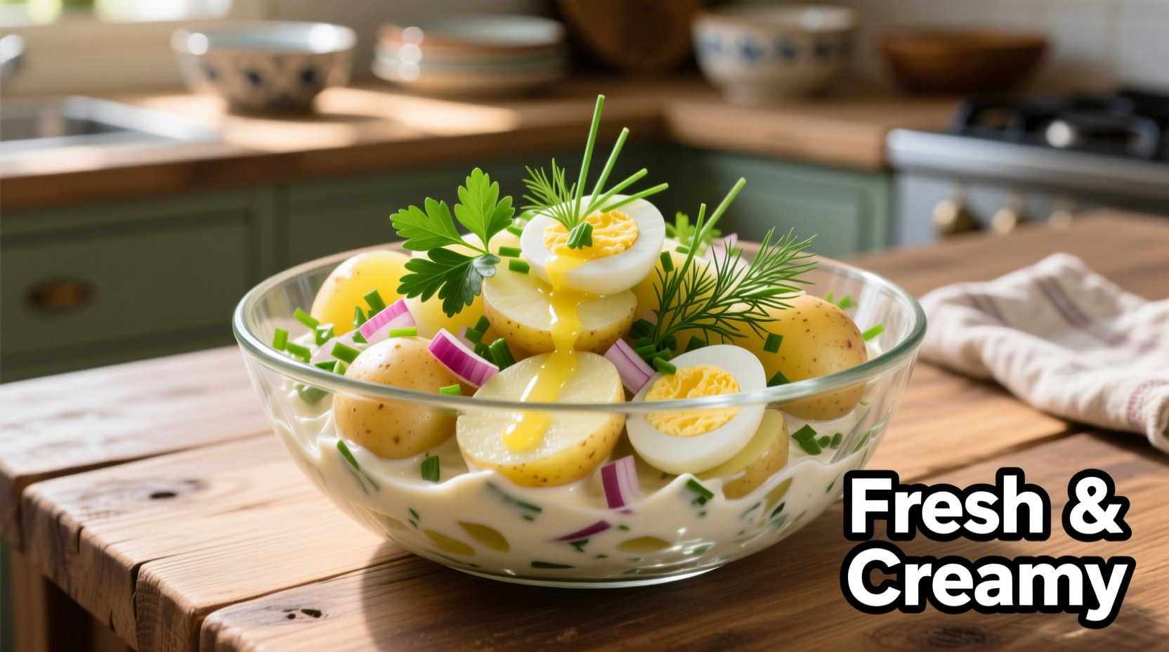 Creamy potato salad in glass bowl with fresh herbs