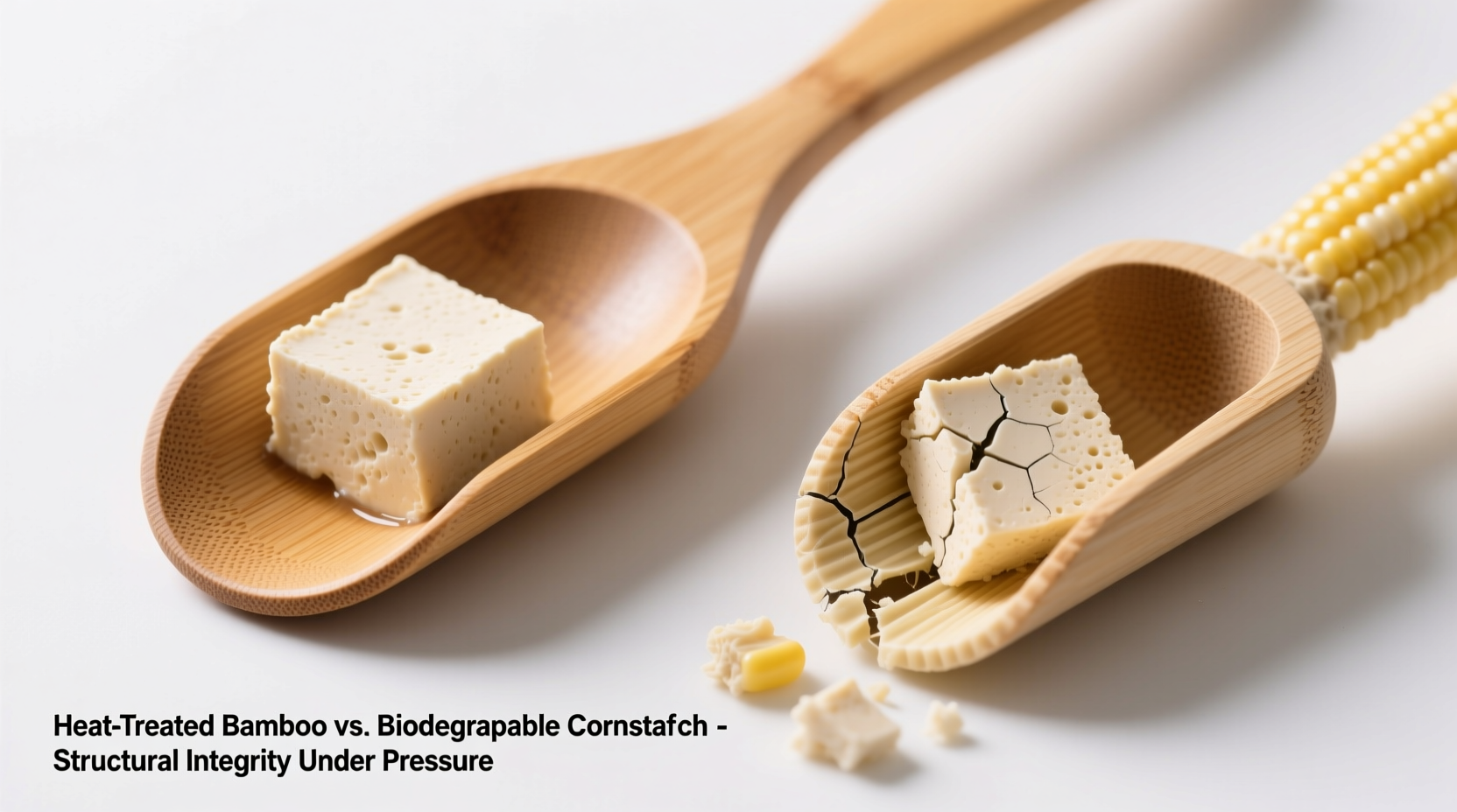 Side-by-side comparison of a heat-treated bamboo scoop lifting a firm tofu litter clump versus a warped cornstarch scoop snapping under identical pressure