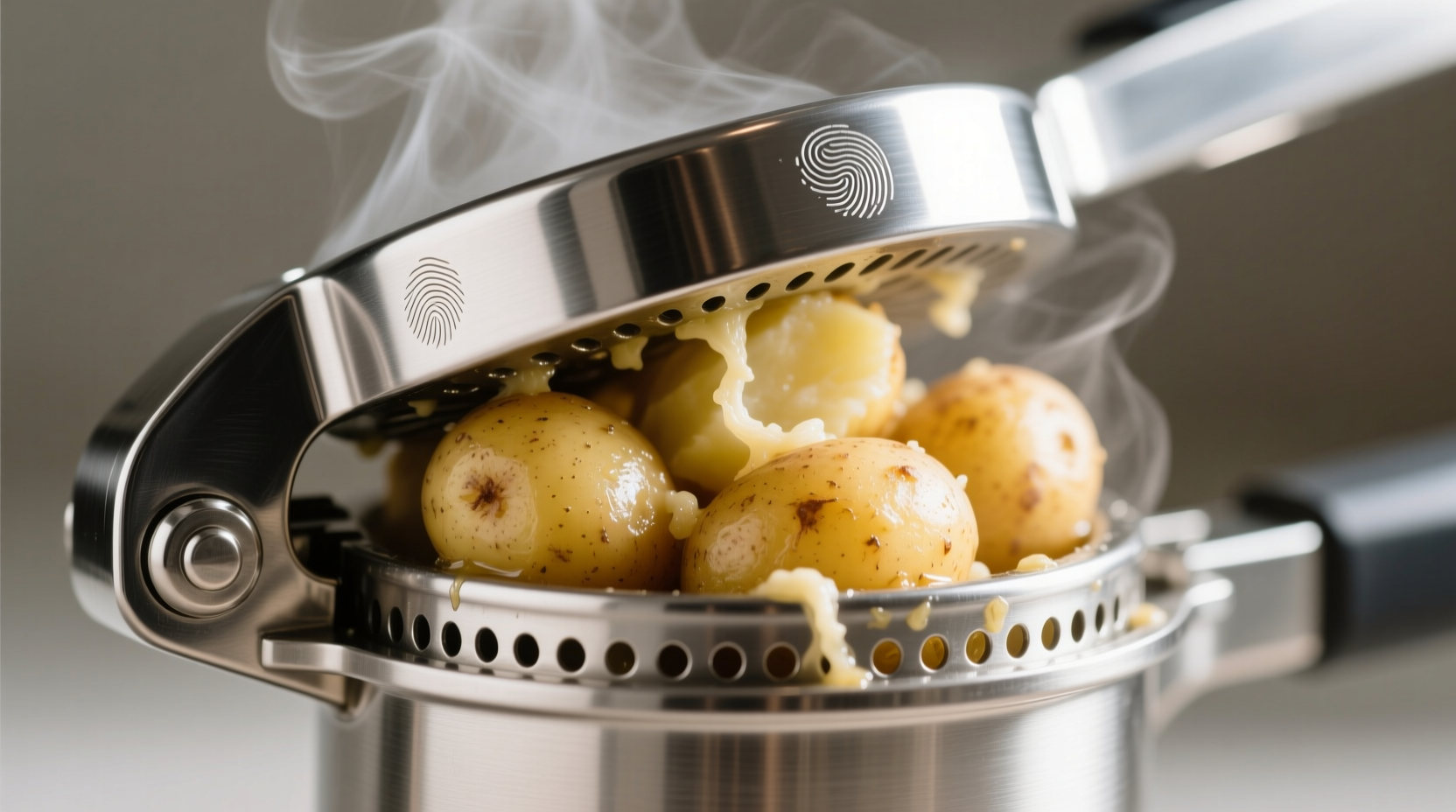 Stainless steel potato presser with cooked potatoes