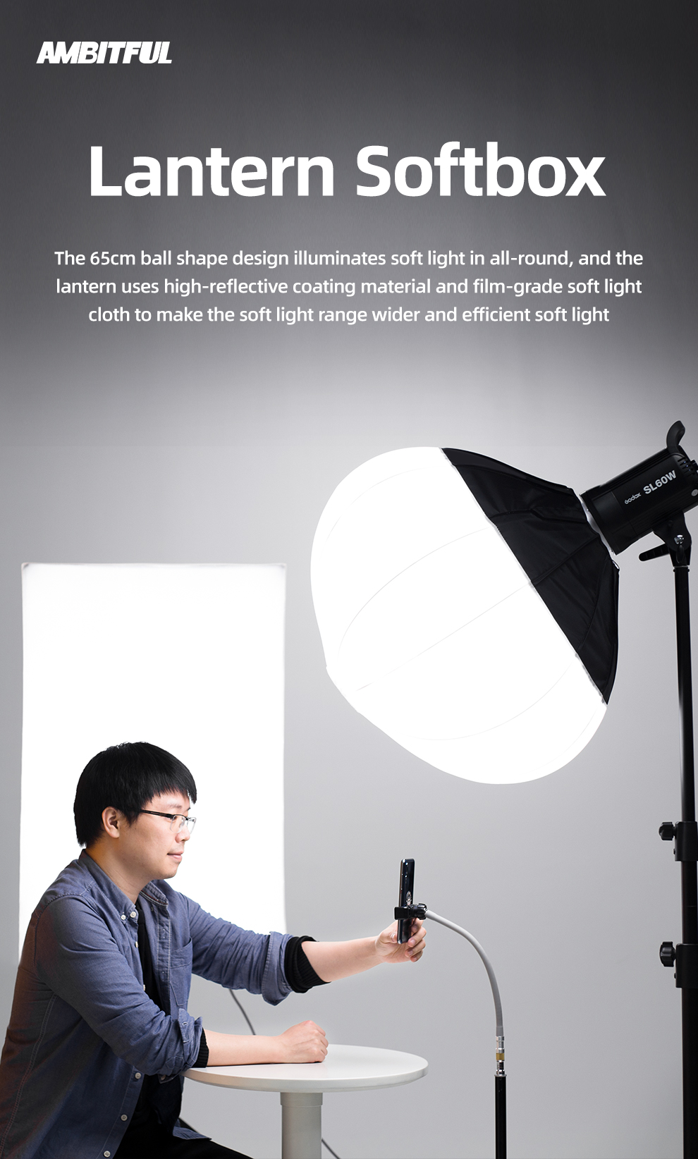 AMBITFUL 65cm 25.6" Lantern Foldable Quick-install Portable Round Shape Softbox Light for Bowens Profoto Elinchrom Studio Flash