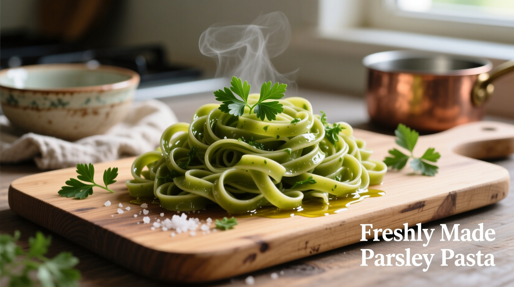 Freshly made parsley pasta on wooden board