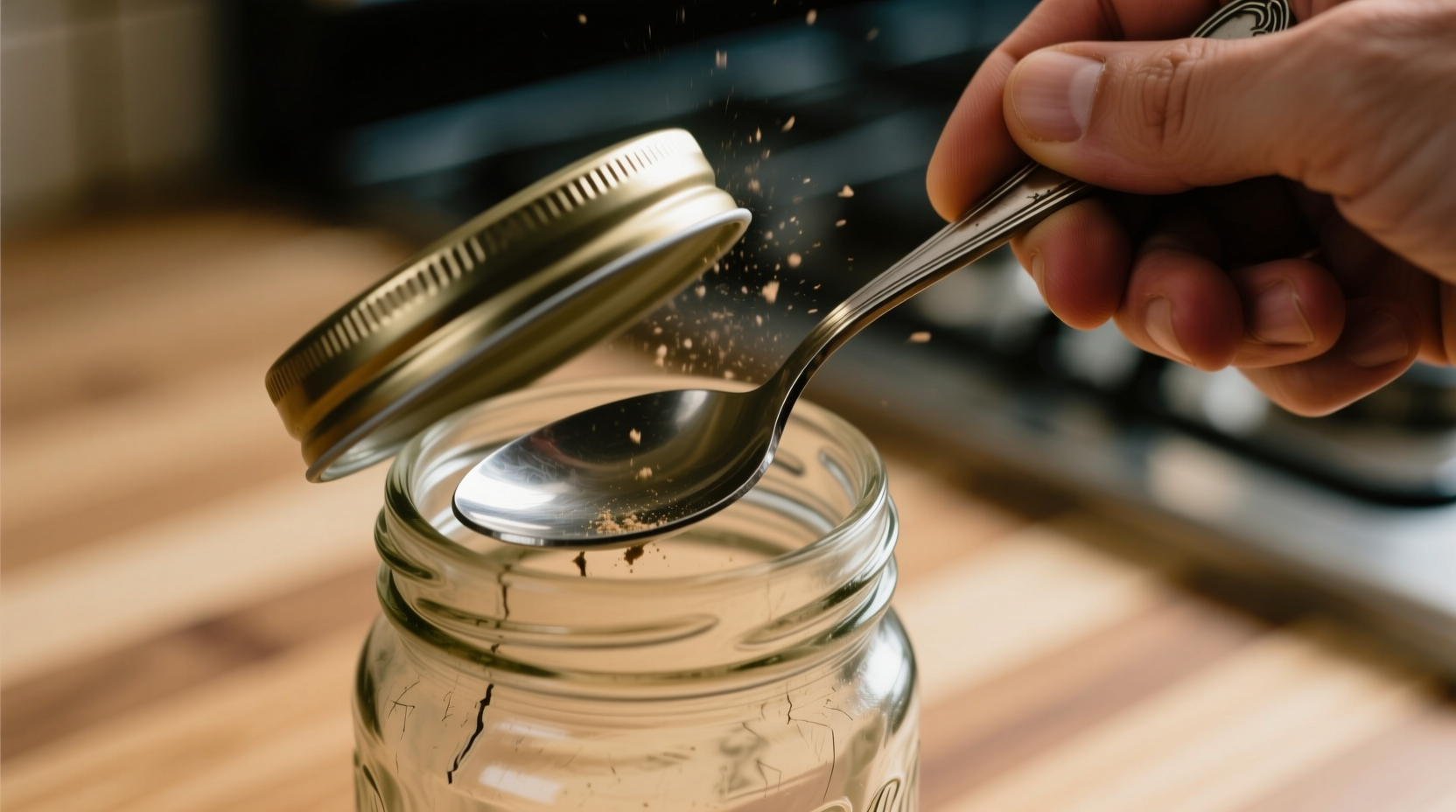 open a stuck jar with a spoon