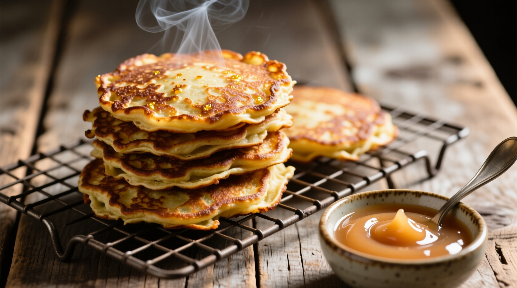 Golden brown potato pancakes on wire rack with applesauce