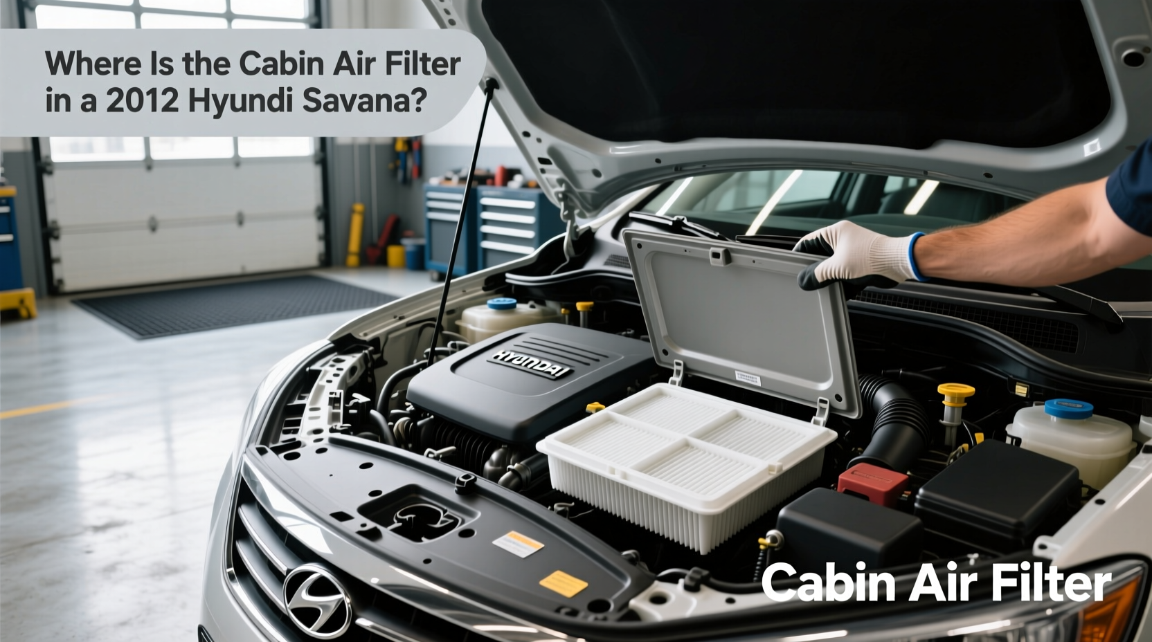 Location of cabin air filter in a 2012 Hyundai Sonata showing access behind the glove box
