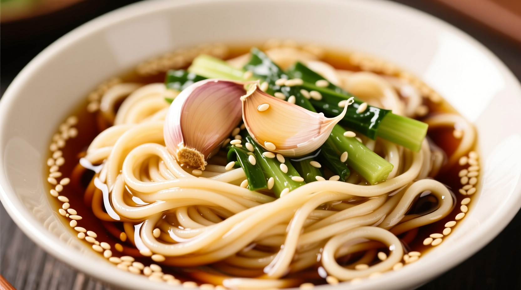 Golden garlic infused in sesame oil with fresh noodles