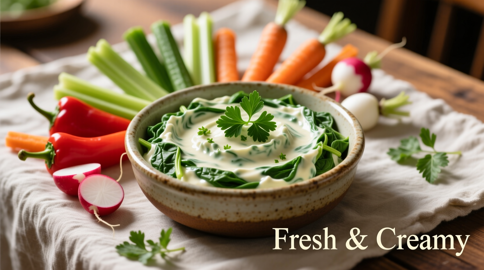 Creamy spinach dip in serving bowl with vegetable sticks