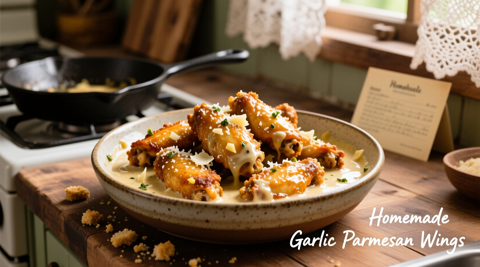 Homemade garlic parmesan sauce being tossed with crispy chicken wings