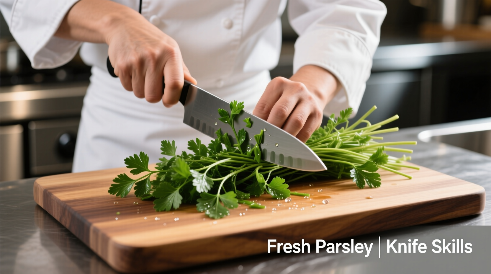 Chef chopping fresh parsley stems and leaves