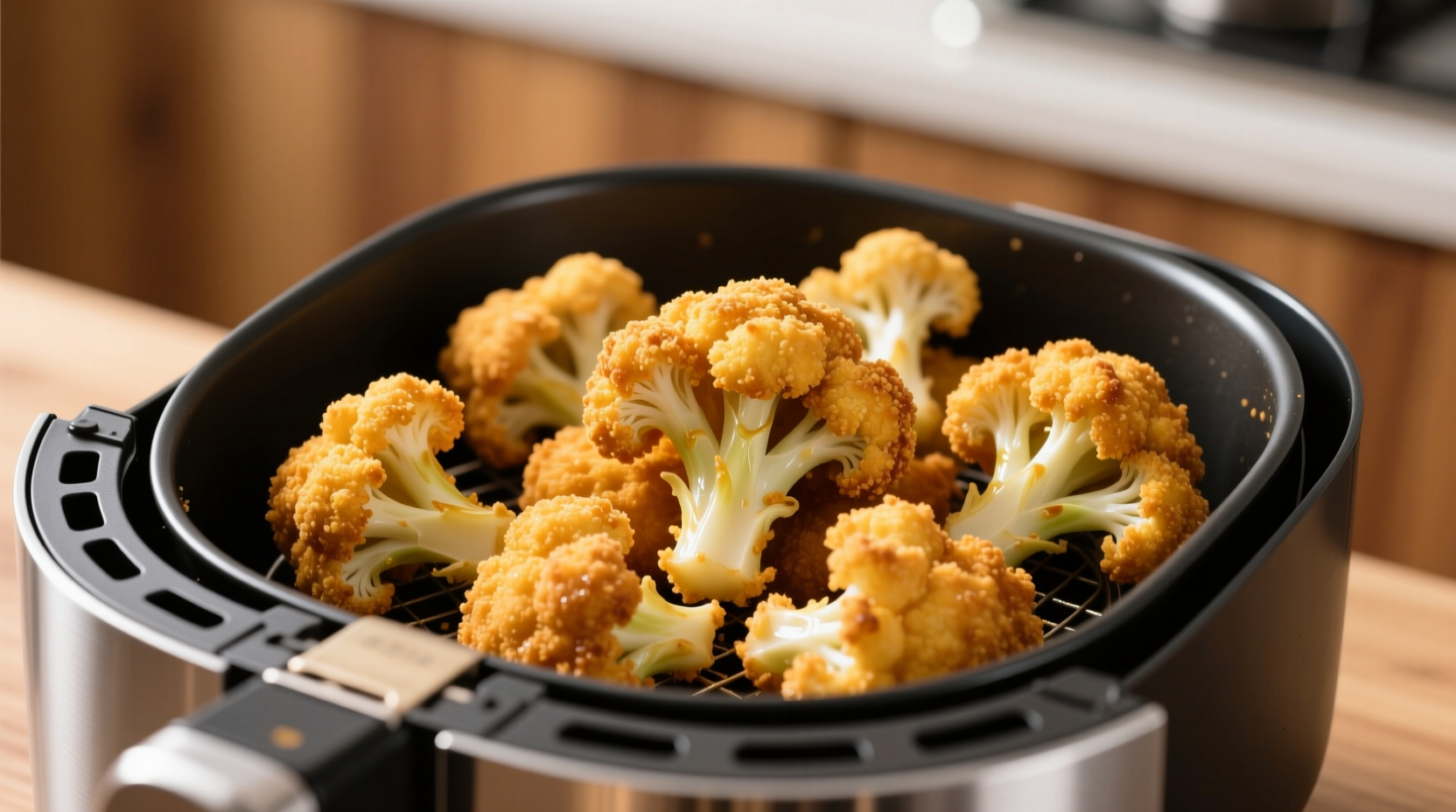 Golden breaded cauliflower florets in air fryer basket
