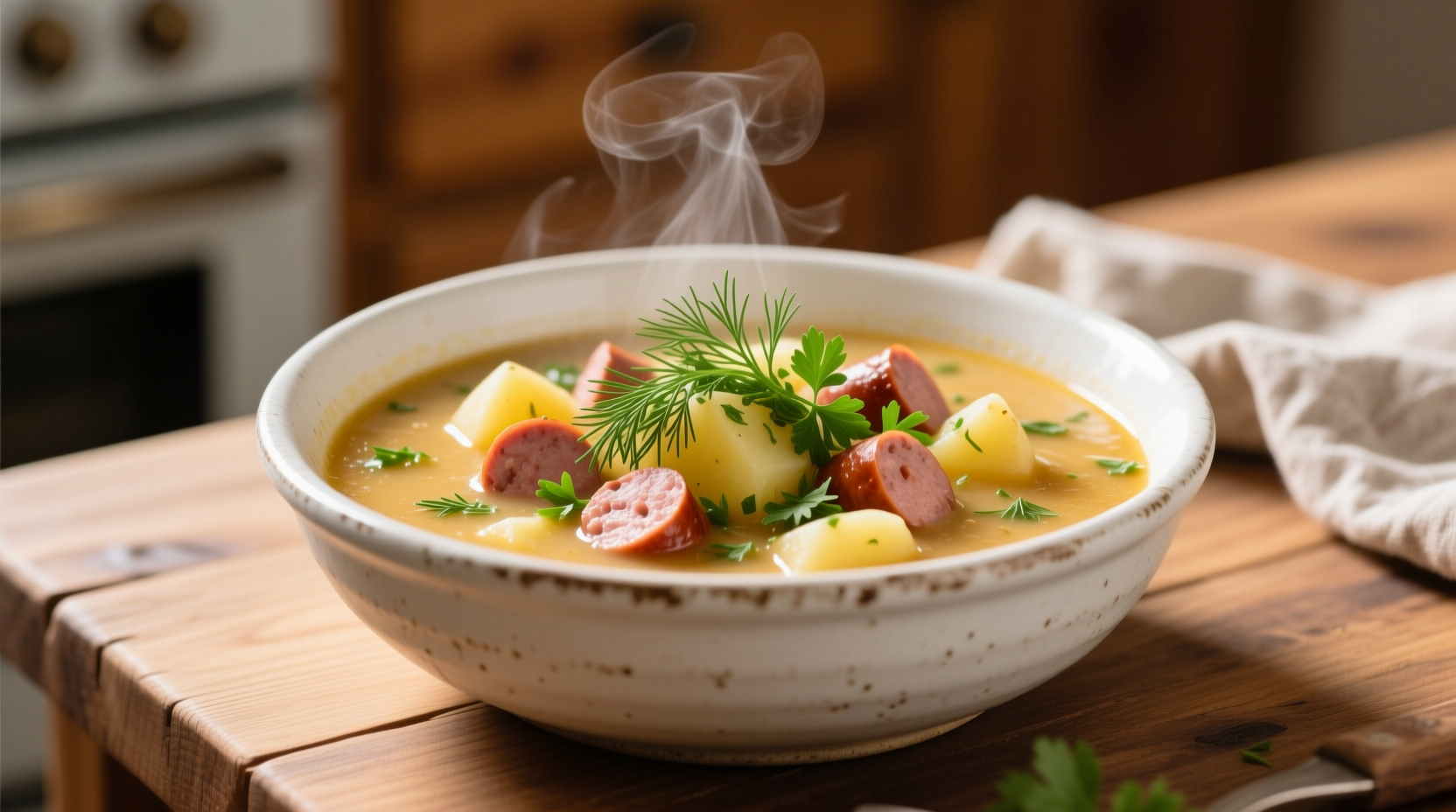 Kielbasa and potato soup in white bowl with fresh herbs