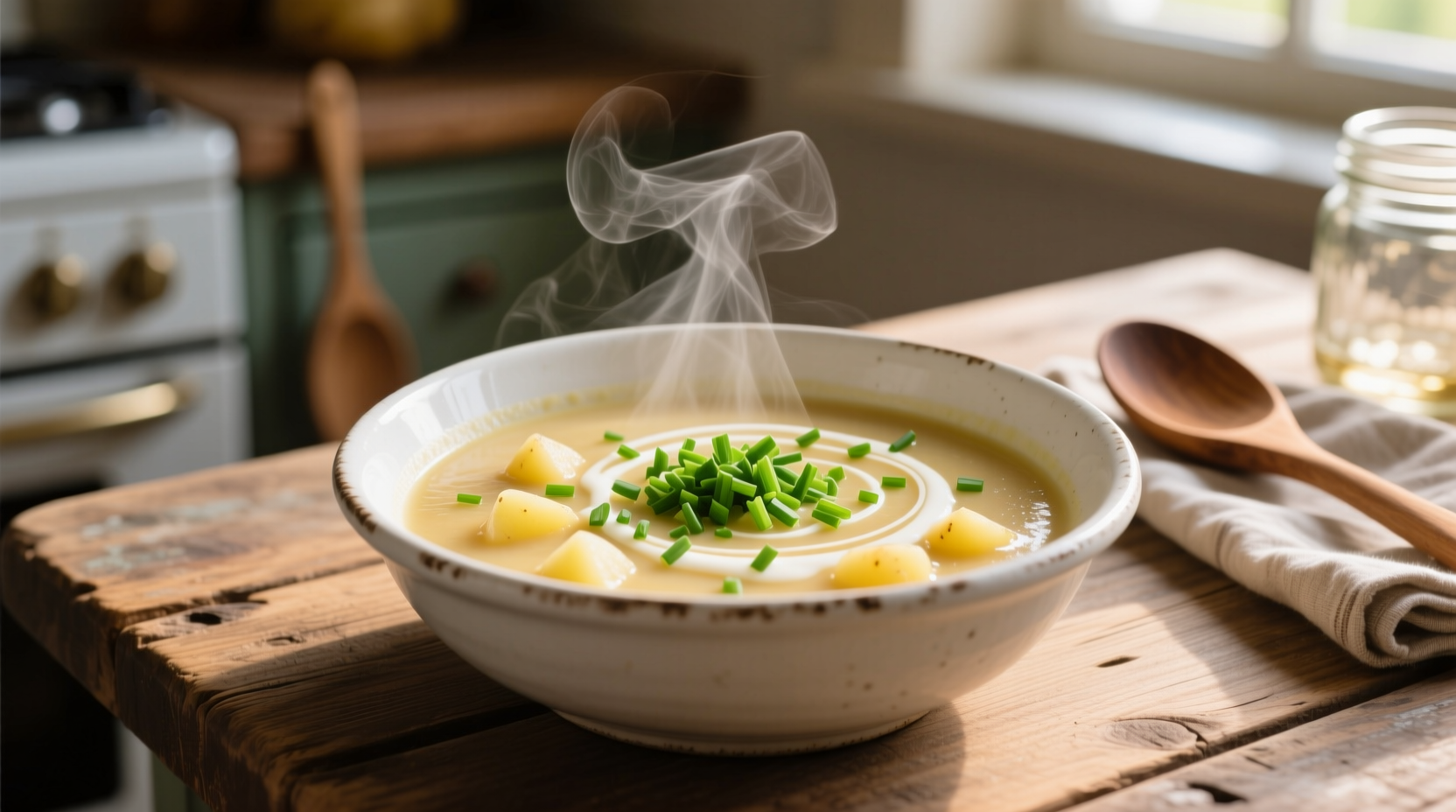 Homemade potato soup in white bowl with fresh chives