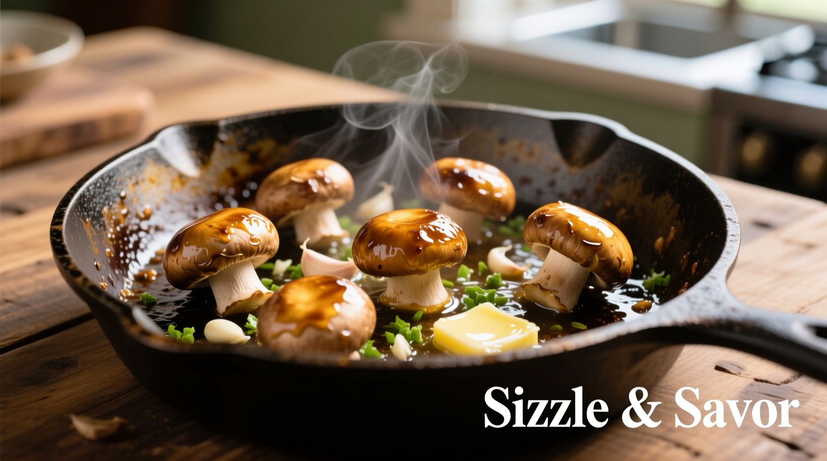 Golden garlic mushrooms sizzling in cast iron skillet