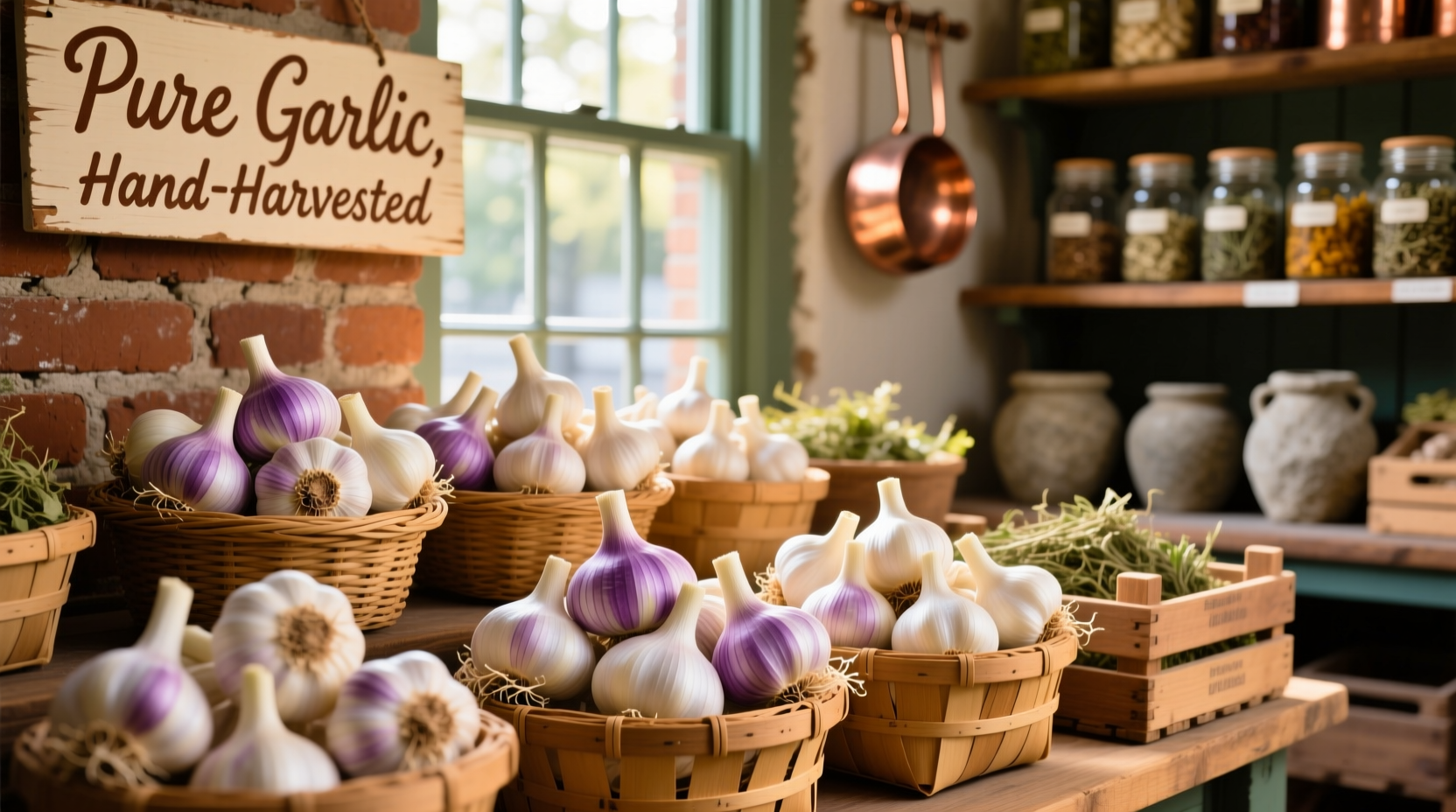 Variety of fresh garlic bulbs displayed at specialty garlic shoppe