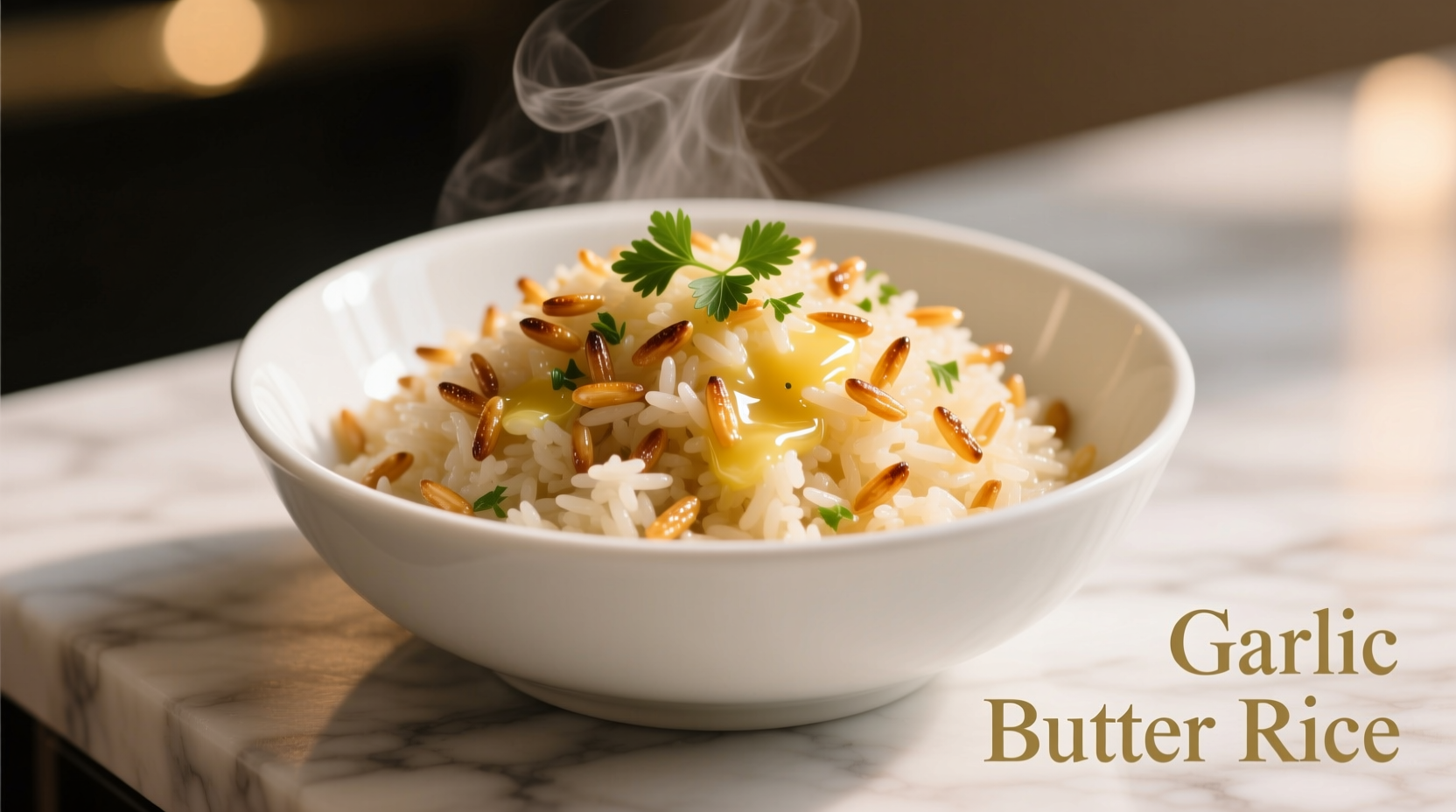 Perfectly cooked garlic butter rice in white bowl