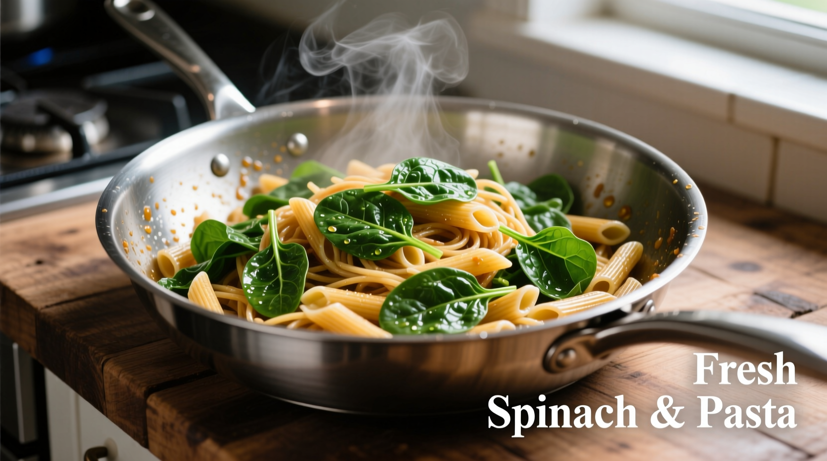 Fresh spinach leaves mixed with pasta in a chef's pan