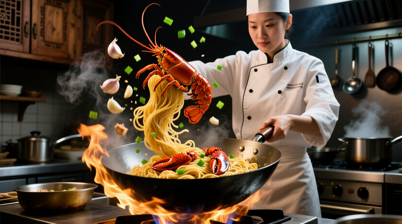 Chef tossing lobster garlic noodles in wok with garlic oil