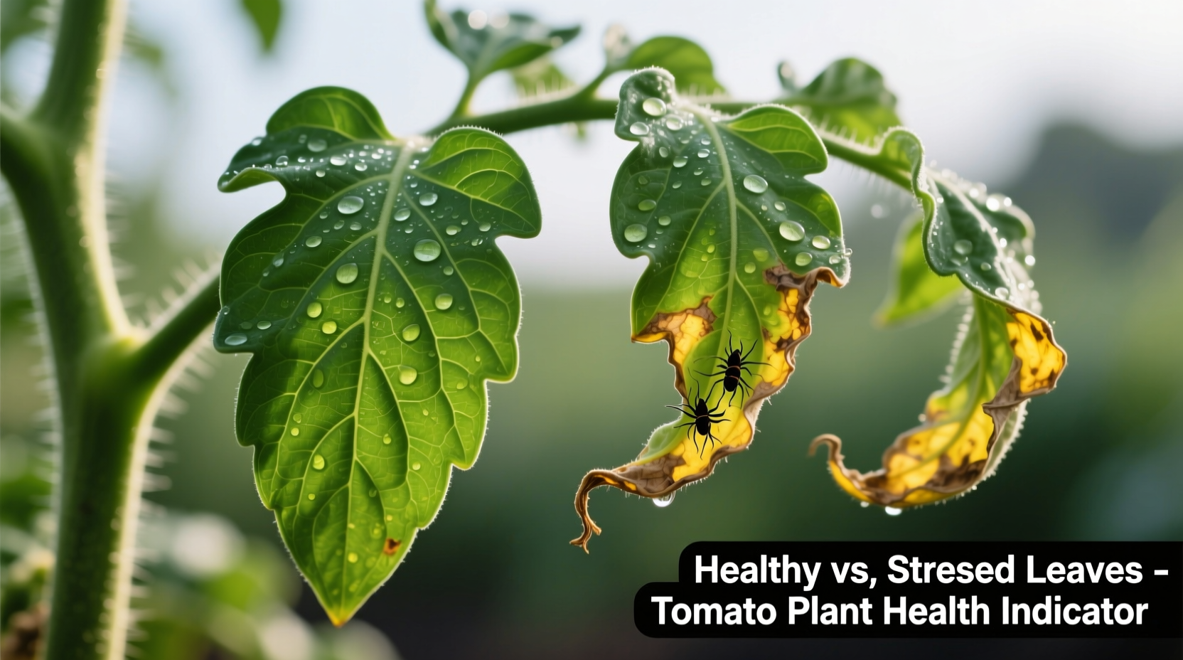 Close-up of healthy tomato leaves versus curled tomato leaves