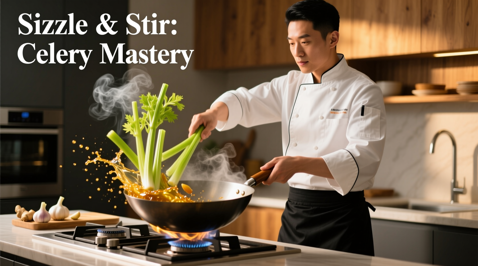 Chef preparing celery stir-fry in wok