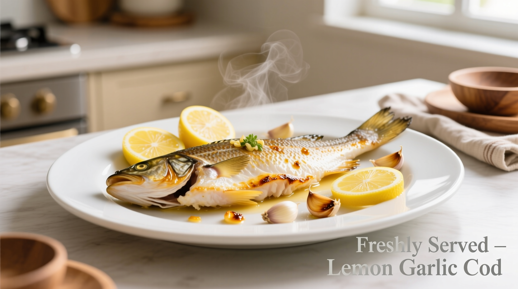 Perfectly cooked lemon garlic cod on white plate