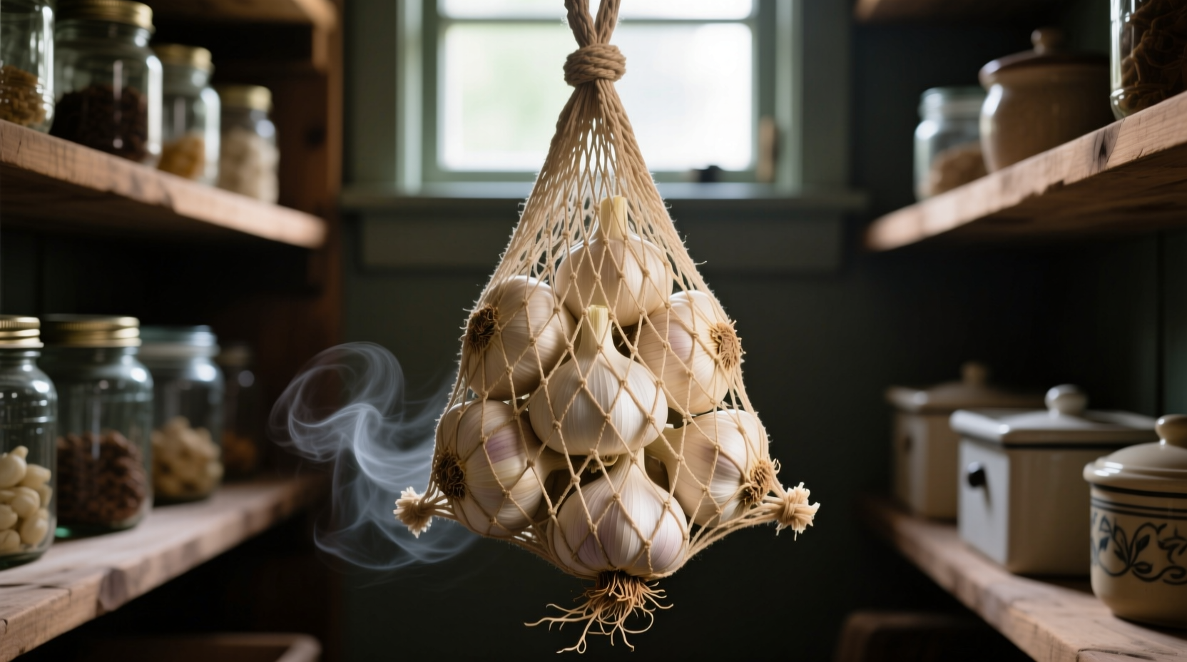 Mesh bag of garlic stored in cool dark pantry with airflow