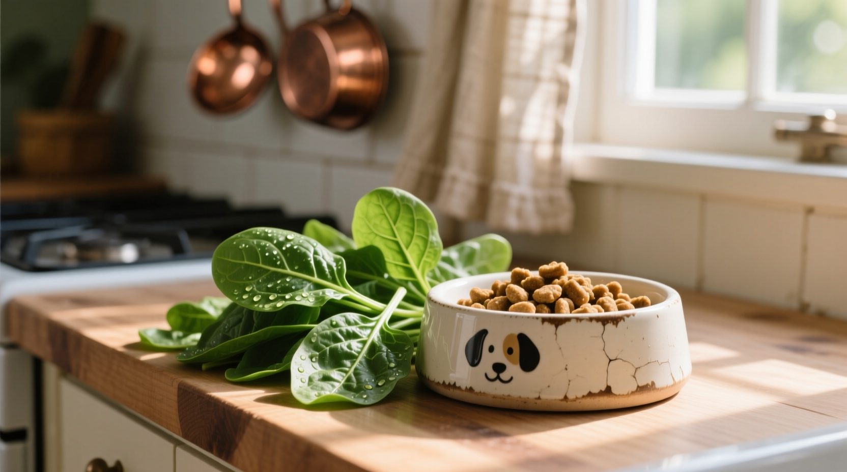 Fresh spinach leaves next to dog food bowl