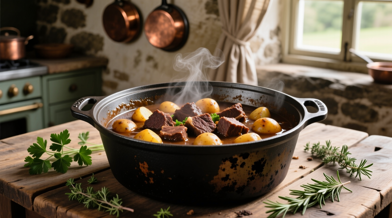 Beef and potato stew in cast iron pot