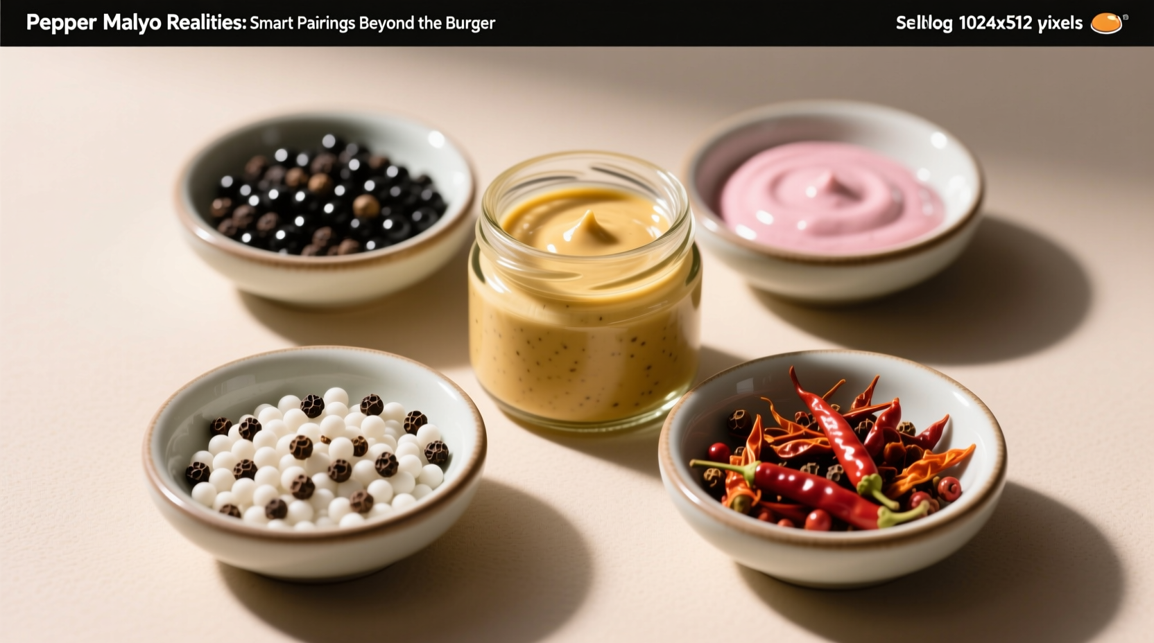 Close-up comparison of black, white, pink, and Szechuan peppercorns in small bowls beside a jar of homemade pepper mayo