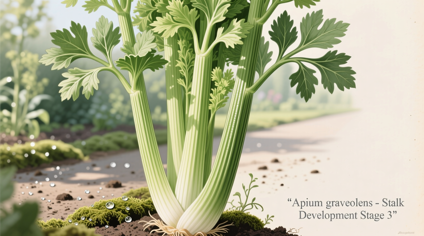 Celery plants growing in garden with visible stalk development