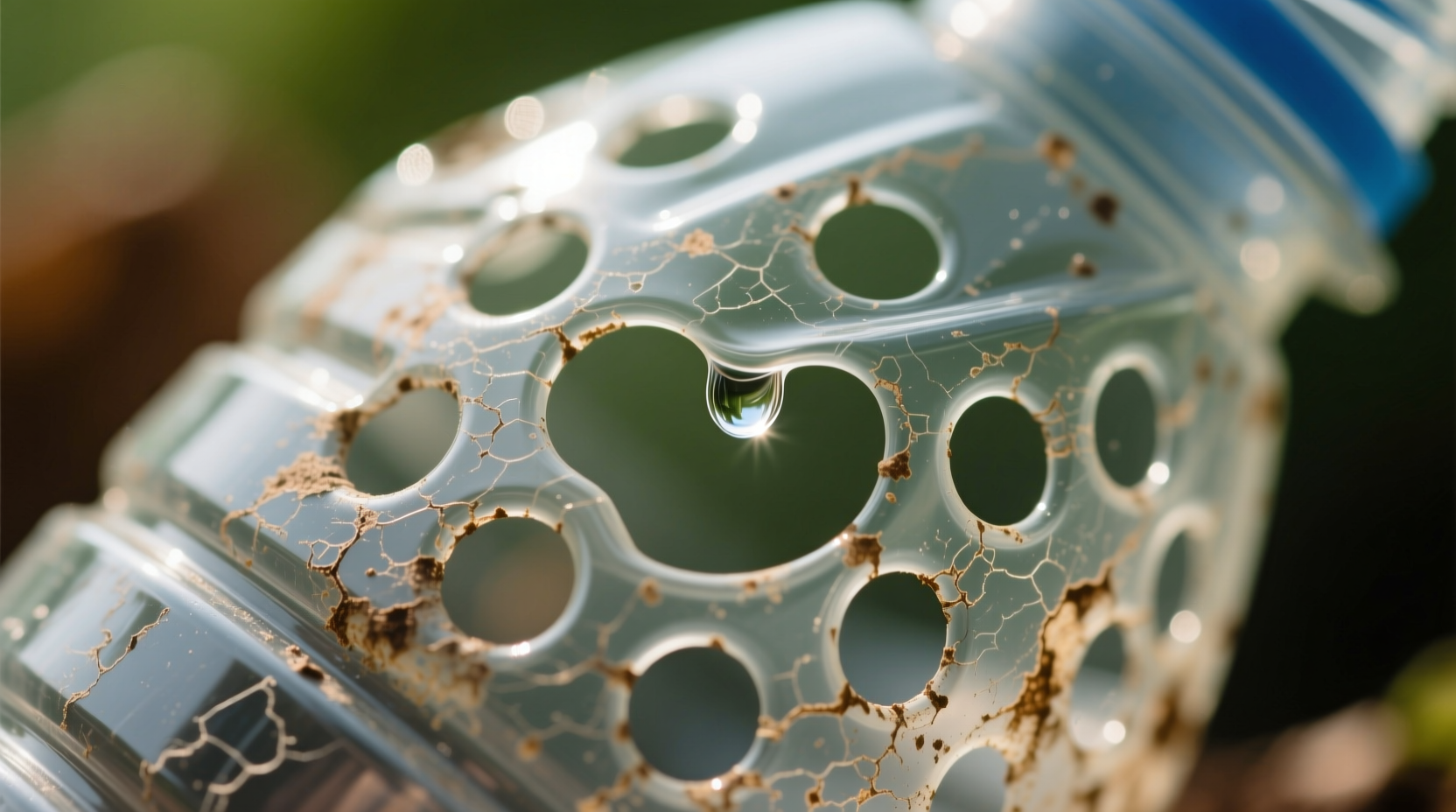 Close-up of drip hole patterns in recycled plastic bottle