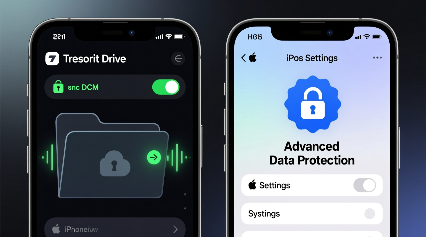 Side-by-side mobile interface showing Tresorit Drive's encrypted DCIM folder sync toggle activated, next to iOS Settings screen highlighting the Advanced Data Protection blue badge and lock icon